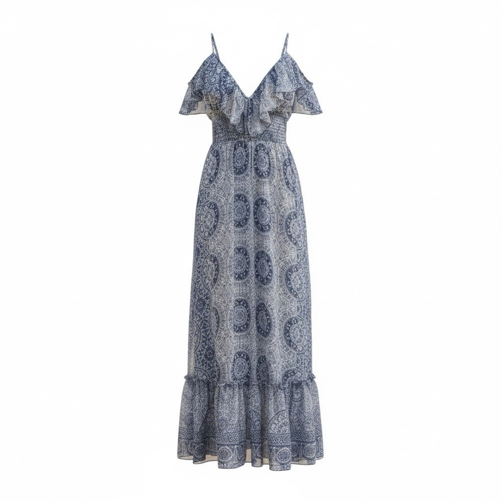 MISA Los Angeles Eloisa Cold shoulder Maxi Dess Blue Paisley Boho Ruffle size M